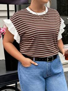 SHEIN CURVE+ 大尺碼女款新款度假休閒通勤上班條紋拼接荷葉邊短袖T恤 - 棕色 - 查看 5