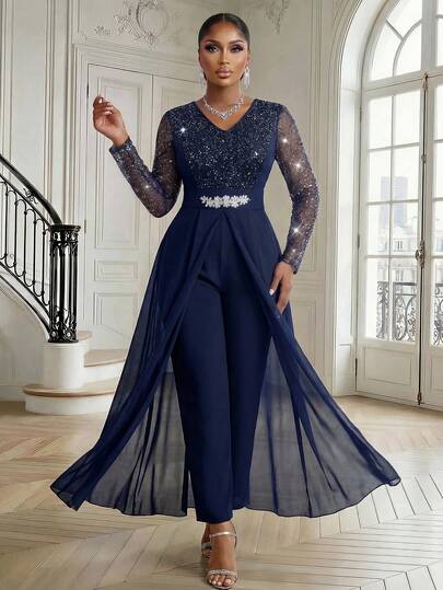 Fleurora Combinaison élégante pour femmes grandes tailles avec patchwork de maille pailletée, manches longues, taille ornée de strass