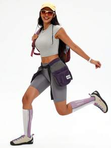 WanderVale Áo thun nữ tay có mũ, cổ tròn, ôm dáng, chất liệu gân sọc. - Xám - Xem 7