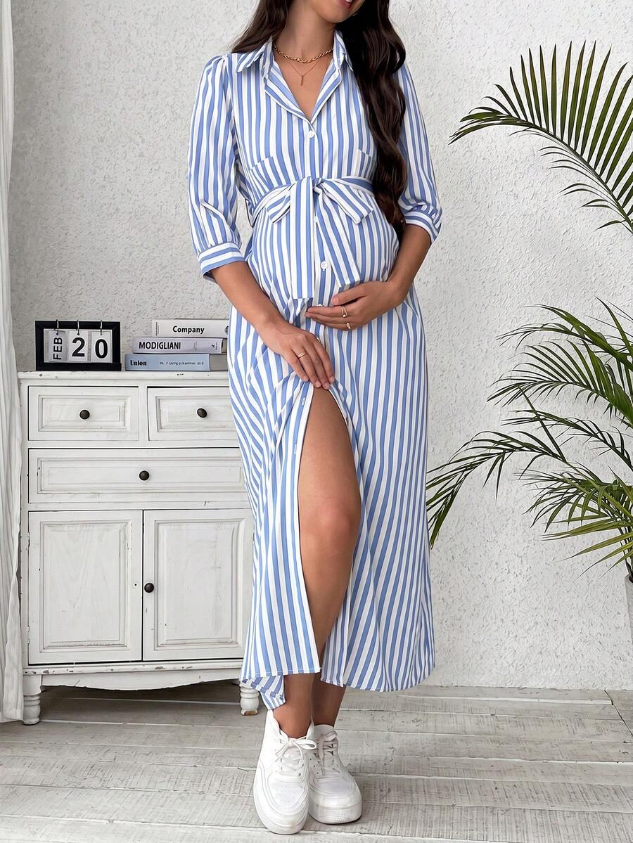 SHEIN 孕妇条纹扭腰开衩休闲派对连衣裙 - 藍色 - 查看 1