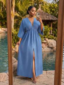 SHEIN Lady CURVE 大码纯色简约V领开衩下摆休闲连衣裙 - 藍色 - 查看 3