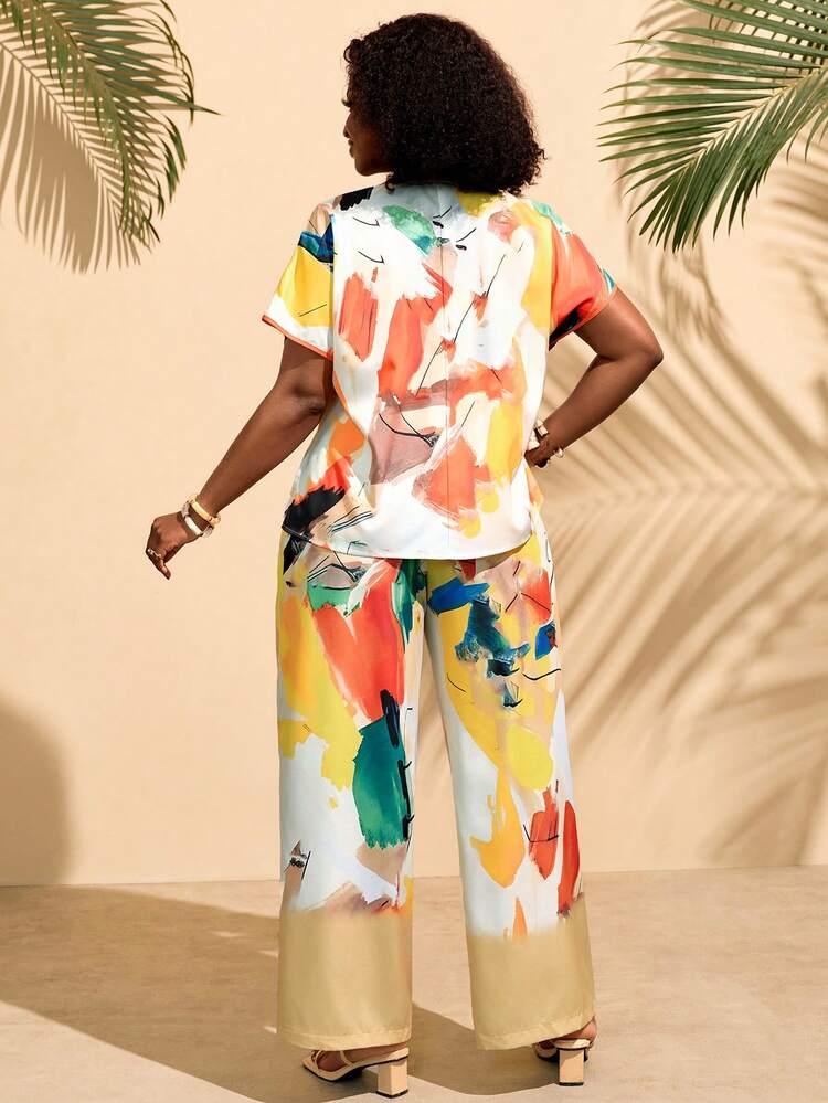 Plus Size Women's Fashion Print V-Neck Top & Pants 2-Piece Set, Summer