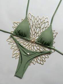 Swim Mod Women's 26SS Spring/Summer New Solid Dusty Green Metal Decor V-Neck Backless Halter Triangle Wrap Ruched Bikini Two Pieces Swimwear - Army Green - View 1