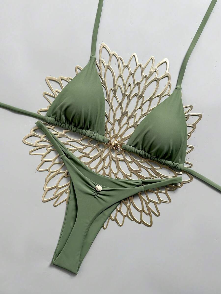Swim Mod Women's 26SS Spring/Summer New Solid Dusty Green Metal Decor V-Neck Backless Halter Triangle Wrap Ruched Bikini Two Pieces Swimwear - Army Green - View 1