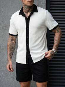 Manfinity CasualCool Bộ áo sơ mi nam tay ngắn, phối màu tương phản, thiết kế tối giản, phong cách thường ngày, cài cúc phía trước. - Đen và trắng - Xem 5