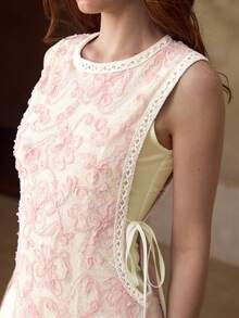 MOTF PREMIUM SPRING/SUMMER NEW ARRIVAL COLORBLOCK EMBROIDERED MESH SPLICE DIAMOND CHIFFON TRIM FITTED SLEEVELESS ROUND NECK WOMEN SHORT DRESS - Pink - View 3