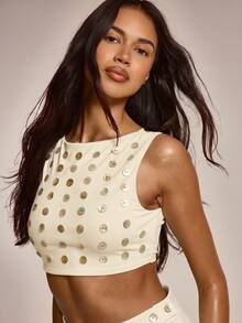 MUSERA Embellished Shell Button Slash Neck Open Tie Back Crop Top Coord Top Only Cute Summer Spring Sexy Going Out Beach Holiday Vacation Honey Tides - Apricot - View 2