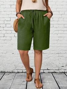 EMERY ROSE Pantalones cortos casuales sueltos con cordón y bolsillo de unicolor talla grande - Verde - Ver 4