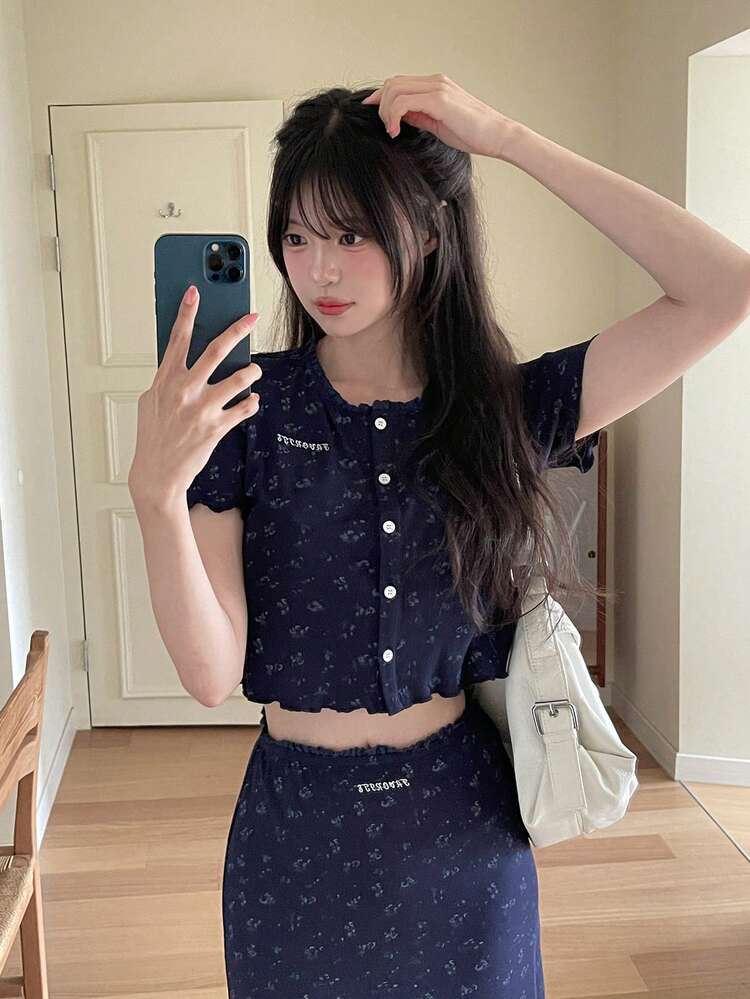 Women's Floral Print Long Sleeve T-Shirt And Casual Skirt 2-Piece Set, Korean Style