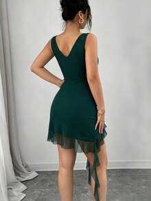 Rafferiza Women's Dark Green Summer 70s Night Out Party Dress,3D Floral Mesh Patchwork Deep V-Neck Bodycon Backless High Slit Ruffle Hem Mini Dress - Dark Green - View 4