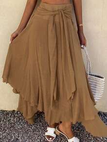 Livesso Women's Tie-Up Vacation Flared Skirt, Summer - Khaki - View 4