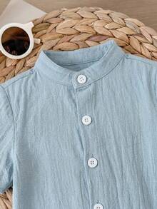 2pcs Baby Boy Solid Color Stand Collar Cardigan Short Sleeve Top & Casual Shorts Set - Multicolor - View 5
