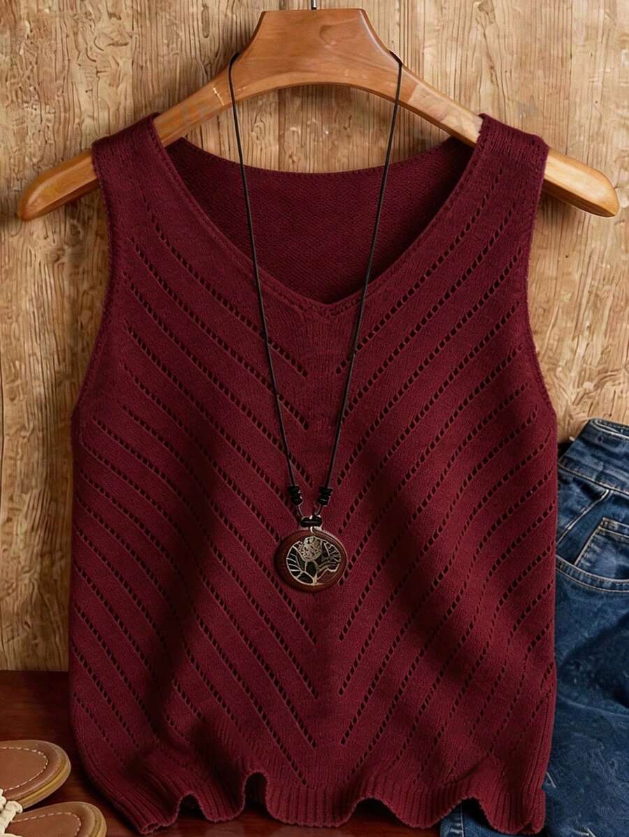 EMERY ROSE Women's Solid Color Minimalist Sleeveless Knit Top, Everyday Wear - Burgundy - View 1