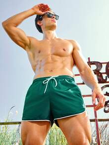 Manfinity KASUA Men's Casual Drawstring Beach Shorts, Holiday - Dark Green - View 6