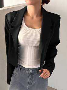 DAZY Spring And Autumn Casual Solid Color Lapel Collar Short Blazer Jacket,Fall Women Clothes Business Attire - Black - View 4