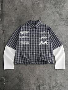 AXEPEAK Men's Faux Two-Piece Long Sleeve Button-Front Plaid Casual Shirt - Navy Blue - View 3