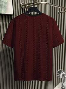 Manfinity Homme Men's Contrast Color Round Neck Short Sleeve Knit Casual T-Shirt, Holiday - Burgundy - View 2