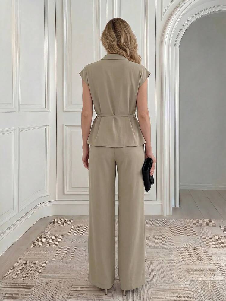 Women's Elegant Champagne Color Waist Floral Tie Blouse And Wide Leg Pants 2 Pieces Set, Suitable For Spring/Summer Vacation And Daily Wear