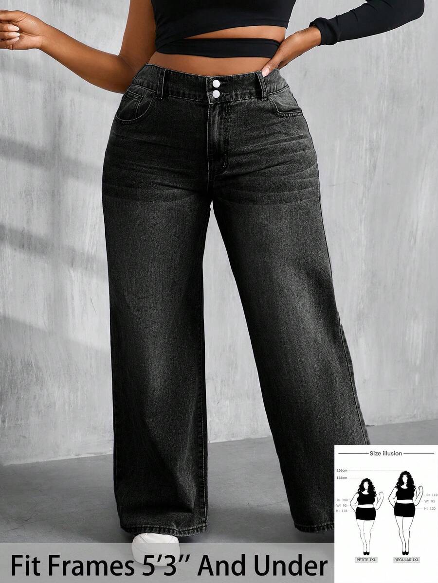 SHEIN PETITE CURVE 大尺碼女款藍色直筒牛仔褲 - 黑色 - 查看 1
