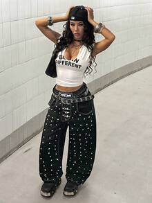 StreetHx Quần jeans nữ dáng rộng in họa tiết máy bay, khóa cài, phong cách đường phố. - màu đen - Xem 3