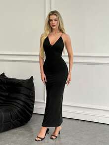 SHEIN Vestido largo con escote en V, tirantes finos y espalda descubierta, con abertura alta y decoración metálica, ajuste ceñido, para playa, fiesta, noche, estilizador, vestido casual de vacaciones de moda para mujer - Negro - Ver 4