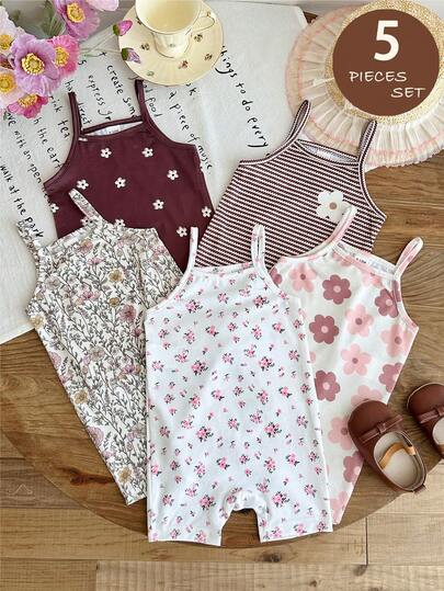 SHEIN Bộ áo liền quần 5 món cho bé gái, chất liệu dệt kim, kẻ sọc và họa tiết hoa nhí, có dây đeo.