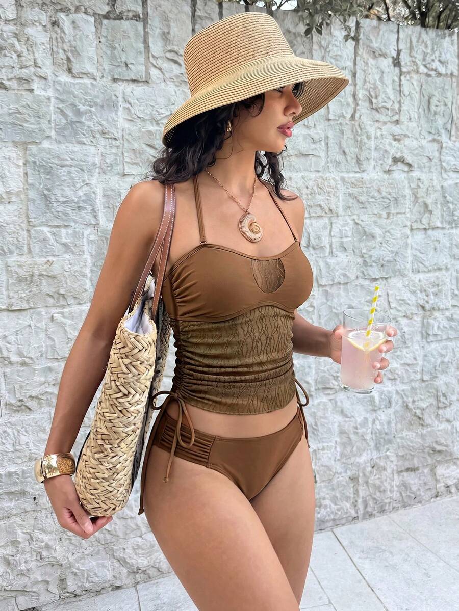 Swim Basics Conjunto de tankini con bandeau desmontable - Café integral - Ver 1