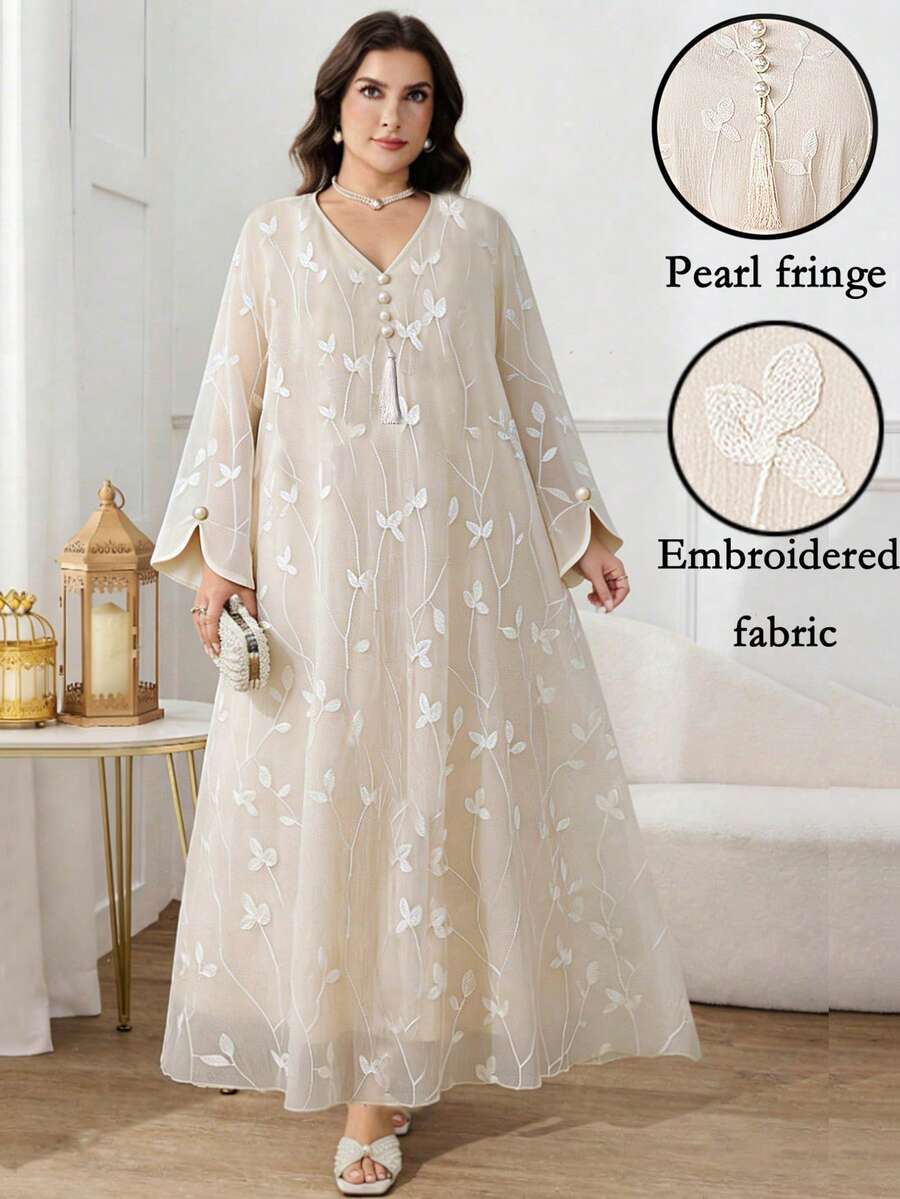 Al Najma Plus Size Women's Elegant Arabic Style Dress With Floral Embroidery And Tassel Design - Apricot - View 1