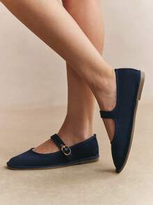 Rosivie Mocasines planos con diseño de hebilla para mujer, versátiles para uso diario - Azul marino. - Ver 10