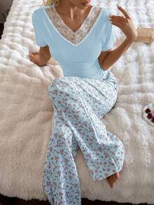 CottageSlumber Youthful Fashion Set For Women, Summer Ditsy Floral, Casual Short Sleeve Top And Pants 2-Piece Outfit - Blue - View 8