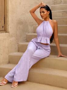 BamGleam 女士时尚纯色露背吊带背心和长裤两件套 - 淡紫色 - 查看 5