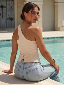 Swim Chiccia Vestido mini ajustado sin mangas y sin espalda con cintura elástica, elegante, adecuado para la oficina, el trayecto y uso casual, para verano - Albaricoque - Ver 2