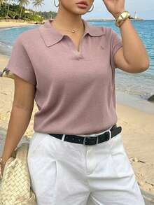 Dazy Plus Plus Size Women Casual Loose Solid Color Half-Placket Short Sleeve Knit Top, Suitable For Spring And Summer Commuting - Baby Pink - View 5
