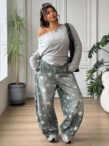 SHEIN EZwear Plus Size Women's Solid Color Oblique Shoulder Ruched Casual 90s Pullover Sweatshirt, Versatile For Daily Wear Holiday Green Autumn - Light Grey - View 5