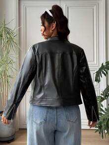 SHEIN EZwear 大码女式纯色拉链时尚百搭日常长袖外套 - 黑色 - 查看 6