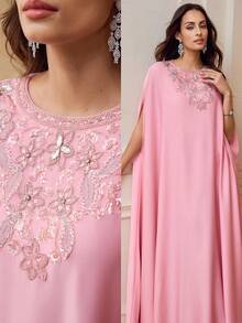 ZEYLAH WOMEN'S EMBROIDERY CONTRAST SEQUIN ARABIC STYLE DRESS - Pink - View 7