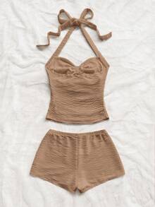 Soleia Damen Urlaubs-Strick-Textur V-Ausschnitt Floral Metall Dekor Träger Crop Top und Super Kurze Shorts 2 Stücke Set, geeignet für Party, Weihnachten, Date, Nachtclub, Strand, Kreuzfahrt, Nachmittagstee, Bohemian, Boho, Urlaub, Herbst - Khaki - Übersicht 2