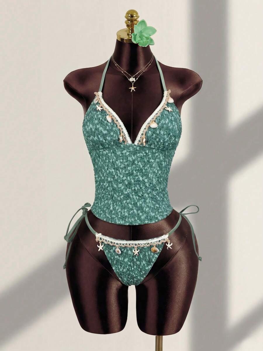 Elavelle Áo bikini hai dây mảnh, chất liệu jacquard, viền vỏ sò, dành cho nữ, mùa xuân/hè. - Màu xanh ngọc - Xem 1