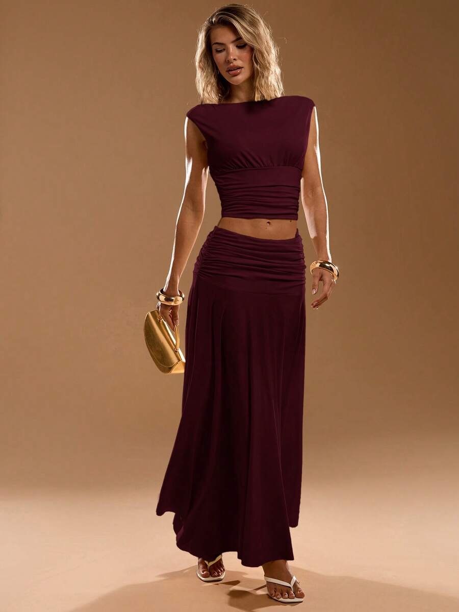 SHEIN BAE Women's Solid Color Minimalist Daily Sleeveless Top And Skirt Set - Burgundy - View 1
