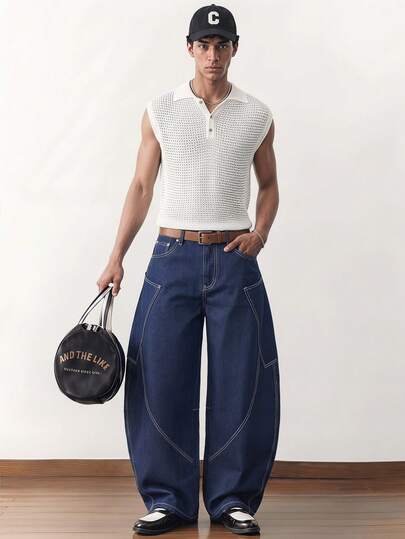 SWAVVY Quần jeans nam màu trơn, túi xéo, dáng rộng, thoải mái hàng ngày.