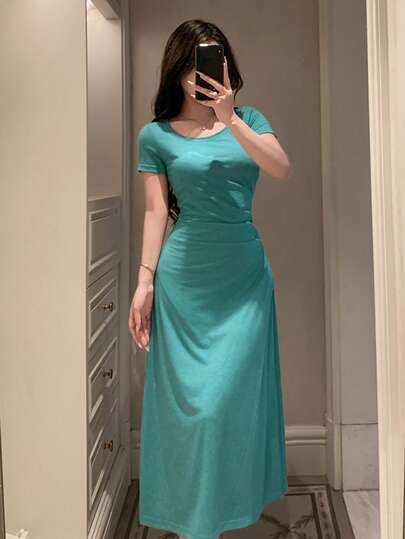 DAZY 女士纯色圆领短袖褶皱休闲连衣裙