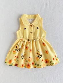 SHEIN Playful Pals 1件女婴浅黄色花朵蜜蜂印花可爱复古翻领无袖纽扣连衣裙，带假口袋和喇叭裙摆，百搭夏季连衣裙，适合休闲外出、旅行、公园、购物等场合。 - 黃色 - 查看 10