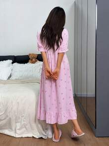 Napfluff Camisón de mujer de manga corta con estampado de rayas y lazo, ropa de dormir dulce y linda, vestido delgado de longitud media para el verano - Rosa - Ver 2