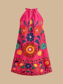 Travachic KIDS Đầm cổ yếm dệt họa tiết retro phong cách Travachic dành cho bé gái tuổi teen, trang phục đi nghỉ mát mùa hè, trang phục thường ngày. - Nhiều màu - Xem 2