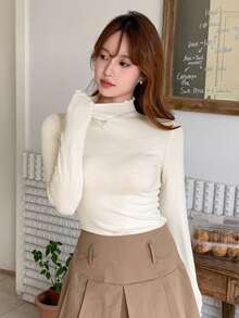 DAZY Solid Mock Neck Tee Long Sleeve Women Tops - Apricot - View 5
