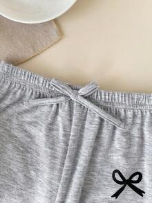 Cozy Pixies Set Pakaian Bayi Perempuan Kasual Lucu Rajut Abu-abu Motif Pita Atasan Lengan Panjang Berkerut Leher Bulat + Celana Flare - Grey - View 5