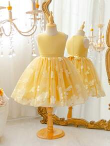 SHEIN Glamorique Kids 小女孩公主洋裝，花童禮服，生日派對婚禮節日正式洋裝，緞面布料，無袖，芥末黃，多層薄紗裙，後背繫帶蝴蝶結，夏季洋裝 - 芥末黃 - 查看 3