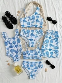 SHEIN Holiday Baby Girls One-Piece Swimsuit,Vintage Cute Colorful Shell Starfish Pattern Camisole Swimwear,Tropical Beach Vacation Photo Shoot Matching - Blue - View 1