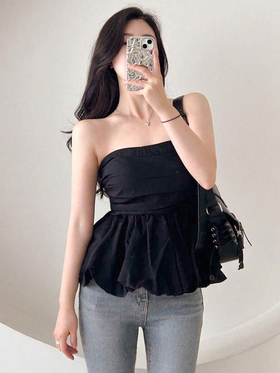 DAZY Solid Color Slim Fit Korean Style Sleeveless Blouse - Black - View 1