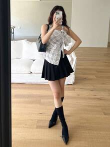 DAZY Áo vest mỏng nữ mùa hè kiểu dáng công sở, họa tiết kẻ caro thắt nút. - trắng - Xem 6